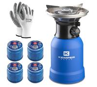 FORNELLO A GAS DA CAMPEGGIO CON PIEZO E PIATTO INOX + 4 CARTUCCE + GUANTO