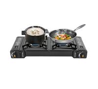 Fornello a gas da campeggio, portatile, 2 fuochi, colore nero, con piastra in alluminio pressofuso, coperchio rimovibile