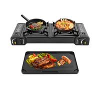 Fornello a gas portatile con piastra grill, fornello da campeggio a 2 fuochi, fornello da campeggio butano per trekking, picnic, camper