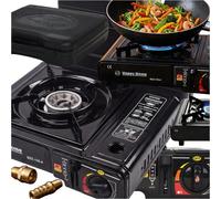 Fornello a gas portatile da campeggio con custodia e adattatore per gas per cucinare all'aperto e in viaggio, fornello da campeggio compatto da 2200 W con controllo della fiamma regolabile e accension
