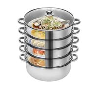 Fornello a vapore a 5 livelli, con coperchio in vetro, in acciaio inox, per piccole porzioni o per uso singolo, superficie lucida, 26 cm, argento