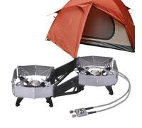 Fornello da campeggio a 2 fuochi, fornello da campeggio a due bruciatori, bruciatore portatile per cucinare all'aperto, bruciatore da cucina pieghevole ad alte prestazioni per picnic
