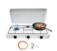 Fornello da campeggio a 3 fuochi con coperchio, fornello a gas portatile con tubo e riduttore di pressione per GPL, 2 x 1,8 kW + 1 bruciatore da 0,8 kW, fornello a tre fuochi per esterni, campeggio