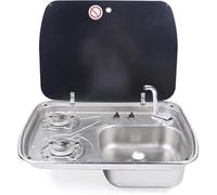 Fornello da campeggio a gas a 2 fuochi con lavello in acciaio inox combinato e copertura in vetro per camper, camper e uso esterno