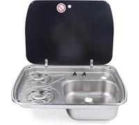 Fornello da campeggio a gas a 2 fuochi con lavello in acciaio inox combinato e copertura in vetro per camper, camper e uso esterno