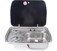 Fornello da campeggio a gas da incasso per camper, 2 fuochi, piano cottura a gas e 1 lavello in acciaio inox, con copertura in vetro, per campeggio, camper, roulotte, camper, cucina, utilizzare solo