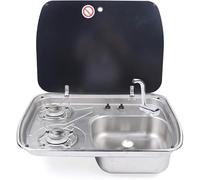 Fornello da campeggio a gas da incasso per camper, 2 fuochi, piano cottura a gas e 1 lavello in acciaio inox, con copertura in vetro, per campeggio, camper, roulotte, camper, cucina, utilizzare solo