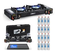 Fornello da campeggio a gas Z.M.C., 2 fuochi + piastra 45x24cm + 16 cartucce gas da 227g, fornello da campeggio con dispositivo di sicurezza per uso esterno e interno, con accensione piezoelettrica