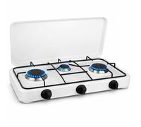 Fornello da Cucina a Gas per Esterno con 3 Fuochi e Pomelli Regolatori di Potenza, Piano Cottura con Fornelli Portatile da Campeggio, Casa, Balcone, Coperchio di Chiusura, Alimentazione GPL (Bianco)