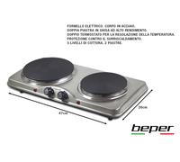 BEPER 90.825 Fornello Elettrico in Acciaio Inossidabile con 5 Livelli di Potenza - Fornello Elettrico 2 Piastre