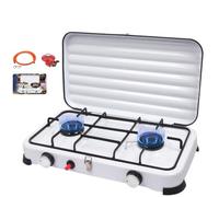 Fornello Gas GPL da Campeggio Portatile 2 Fuochi 4,4kW - Accensione Automatica, Controllo Temperatura - Regolatore 37 mbar + Tubo PVC 150 cm, Fornellini da Campeggio