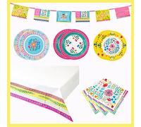 Forniture per feste Boho per 12 ospiti - Include 12 piatti floreali colorati, 12 graziosi tovaglioli, 1 bandierine messicane, 1 tovaglia di carta | Ideale per compleanni a tema Encanto, barbecue