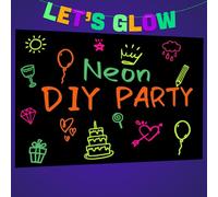 Forniture per feste che si illuminano al buio: il set di sfondo fotografico Let's Glow include carte graffiti nere e penne fluorescenti multicolore per decorazioni per feste al neon