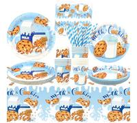 Forniture per feste con latte e biscotti, stoviglie per feste con latte e biscotti, piatti da tavola, piatti da dessert, bicchieri, tovaglioli, cannucce per latte e biscotti, forniture per feste per