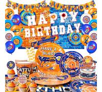 Forniture per feste di compleanno con freccette, 170 pezzi, decorazioni per feste di guerra e set di stoviglie, piatti di guerra con freccette, bicchieri, tovaglie, striscioni, sfondo, topper per