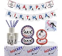 Forniture per Feste di Hockey su Ghiaccio, Confezione per Feste di Hockey su Ghiaccio per gli Appassionati di Hockey, Include Piatti, Tazze, Tovaglioli, Tovaglie, Striscioni, Serve 20
