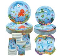 Forniture per feste in mare - Servizio da tavola per feste in mare - Piatti da cena, piatti da dessert, bicchieri, tovaglioli, decorazioni per feste di compleanno del mondo sottomarino, per 40 persone