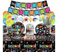Forniture per feste scientifiche, include striscioni di buon compleanno, piatti, tovaglie, tazze, palloncini e cannucce, per la decorazione di piccoli scienziati Lab serve 20 ospiti (striscioni)