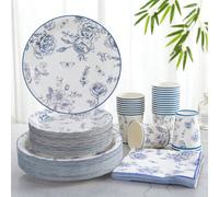 Forniture per feste usa e getta in porcellana blu e bianca con decorazioni floreali, piatti da dessert, bicchieri e tovaglioli con stampe floreali in stile cinese, piatti in porcellana blu e bianca ad