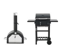 Forno per pizza e barbecue a carbonella per esterni 3 in 1 con pietra per pizza, barbecue con termometro, forno affumicatore da giardino, ruote, superficie di appoggio, nero