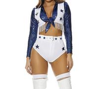 Forplay Women's Star Cheerleader Costume 4-Piece Halloween Outfit with Top, Vest, Panty and Belt, White, S/M
