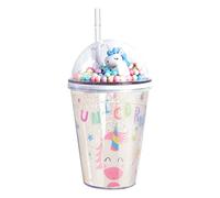 Forreen Bottiglia d'Acqua con Cannuccia e Coperchio, 380ml Bicchiere Plastica Riutilizzabile Doppia Parete Unicorno Carino Tazza da Caffè per Festa Bambini Adulti