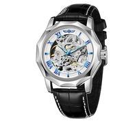 FORSINING Orologi automatici per gli uomini, scheletro meccanico a mano arrotolato orologio cinturino in vera pelle romana digitale dial casual watch, blu argentato