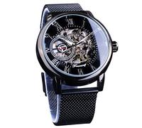 Forsining Orologi automatici per gli uomini scheletro meccanico uomini orologio militare moda business grande quadrante sottile cinturini in acciaio inossidabile, Nero , braccialetto