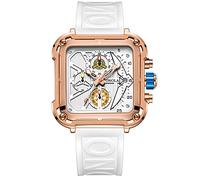 FORSINING Orologi da uomo, alla moda, quadrati, con quadrante grande, sportivo, cronografo, analogico, Qaurtz, orologio da polso casual, cinturino in silicone, bianco