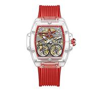 FORSINING Orologi da uomo meccanici automatici scheletro tonneau forma grande quadrante moda orologio da polso per uomo vestito da affari cinturino in silicone, Rosso, cinturino