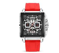 FORSINING Orologio analogico al quarzo da uomo, casual, quadrante quadrato, cinturino in silicone, alla moda, per lavoro, impermeabile, con datario, Rosso, Cinturino
