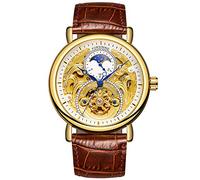 Forsining, orologio analogico da uomo, automatico, vintage, AM/PM, quadrante con scheletro e luna, cinturino in pelle (Oro Bianco)