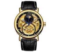 Forsining, orologio analogico da uomo, automatico, vintage, AM/PM, quadrante con scheletro e luna, cinturino in pelle (Oro Nero)