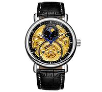 Forsining, orologio analogico da uomo, automatico, vintage, AM/PM, quadrante con scheletro e luna, cinturino in pelle (nero argento)