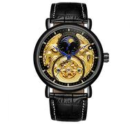 Forsining, orologio analogico da uomo, automatico, vintage, AM/PM, quadrante con scheletro e luna, cinturino in pelle (nero)