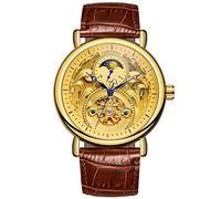 Forsining, orologio analogico da uomo, automatico, vintage, AM/PM, quadrante scheletrato, cinturino in pelle (oro)