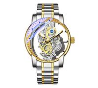 FORSINING Orologio da polso analogico al quarzo da uomo, con scheletro, in acciaio inox, quadrante di lusso, impermeabile, luminoso, Argento e oro., Bracciale