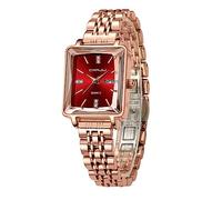 FORSINING Orologio da polso da donna, al quarzo, analogico, in acciaio inox, impermeabile, quadrante quadrato con diamanti, Rosso
