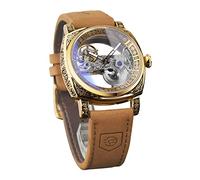 FORSINING Orologio da polso da uomo, alla moda, classico, scheletrato, quadrato, quadrante trasparente, automatico, meccanico, in pelle, luminoso, impermeabile, Oro, Cinturino