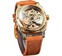 FORSINING Orologio da polso da uomo, alla moda, classico, scheletrato, quadrato, quadrante trasparente, automatico, meccanico, in pelle, luminoso, impermeabile, Oro 1., Cinturino