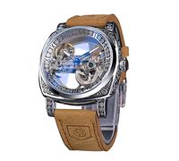 FORSINING Orologio da polso da uomo, alla moda, classico, scheletrato, quadrato, quadrante trasparente, automatico, meccanico, in pelle, luminoso, impermeabile, Argento, Cinturino
