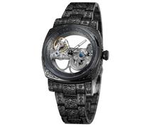 FORSINING Orologio da polso da uomo, con numeri romani, automatico, con tourbillon, con cinturino in acciaio inox, nero, classico