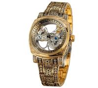 FORSINING Orologio da polso da uomo, con numeri romani, automatico, con tourbillon, con cinturino in acciaio inox, Oro, classico