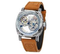 FORSINING Orologio da polso da uomo con scheletro, meccanismo a carica automatica, numeri romani, in vera pelle, Oro, Orologio casual