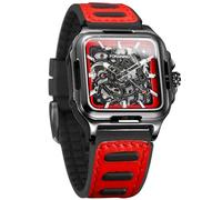FORSINING Orologio da polso da uomo, impermeabile, con scheletro, automatico, stile steampunk, con cinturino in silicone, luminoso, quadrato, Colore: rosso.