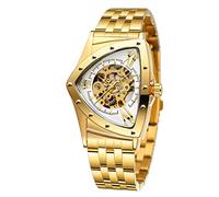 FORSINING Orologio da polso da uomo, impermeabile fino a 30 m, scheletro, automatico, abbagliante, retrò, triangolare, Oro e bianco., Bracciale