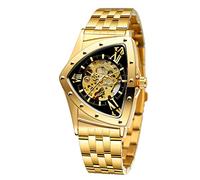 FORSINING Orologio da polso da uomo, impermeabile fino a 30 m, scheletro, automatico, abbagliante, retrò, triangolare, Oro e nero., Retrò