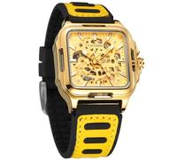 FORSINING Orologio da polso da uomo, impermeabile, scheletro, automatico, steampunk, con cinturino in silicone, luminoso, quadrato, colore: oro, Oro Oro, moderno