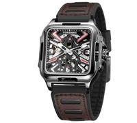 FORSINING Orologio da polso da uomo in acciaio inox automatico a carica automatica con scheletro retrò quadrato cinturino in silicone (marrone), Marrone