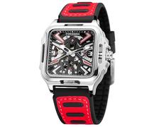 FORSINING Orologio da polso da uomo, in acciaio inox, automatico, con scheletro, quadrato, in silicone, stile retrò, Nero Argento Rosso